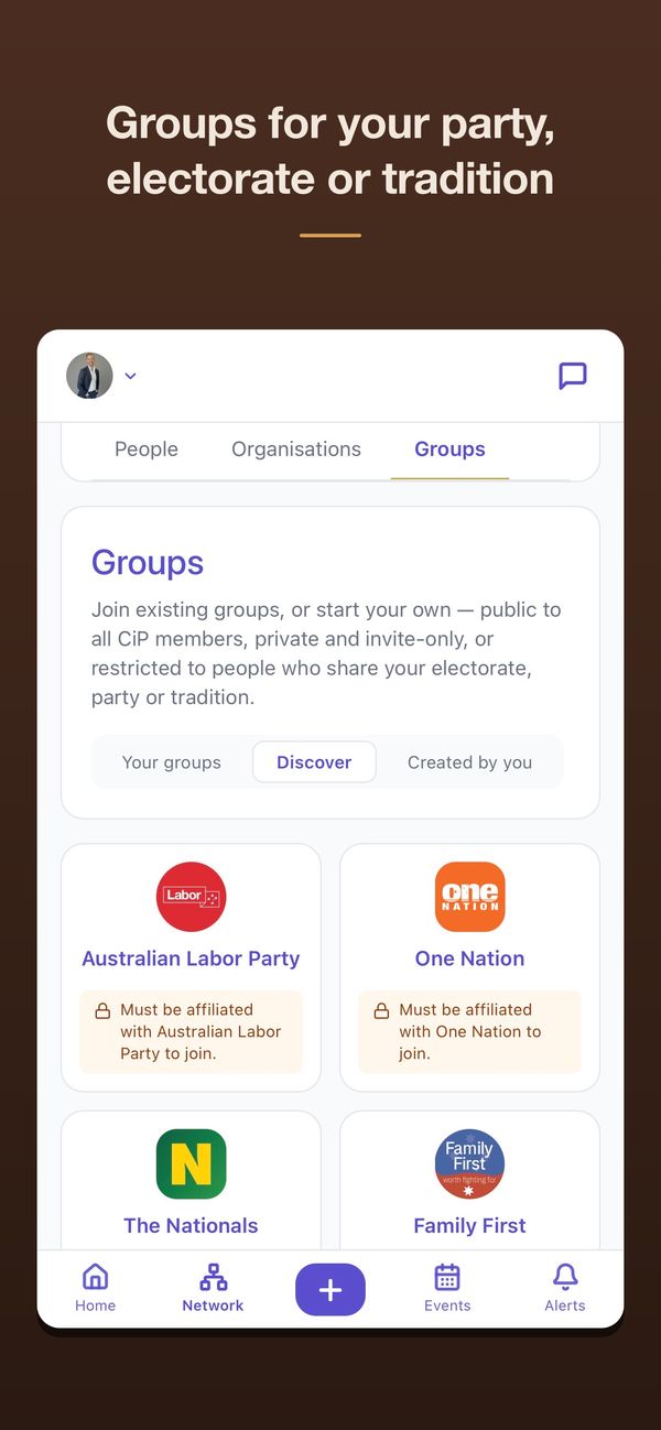Groups for your party, electorate or tradition